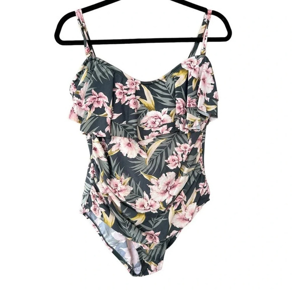 Kona Sol Women's Tropical Palm Floral Ruffle One-Piece Swimsuit Size XL - Picture 2 of 7